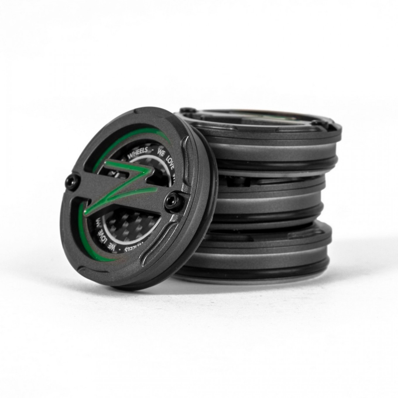 5-Teilige Radnabenabdeckungen | Matte Gunmetal + Grünes Z + Carbon Fibre Inlay